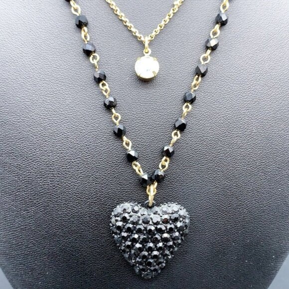 Betsy Johnson Two Strands Black and Gold Heart Pendant Custome Jewelry Necklace - Picture 2 of 6